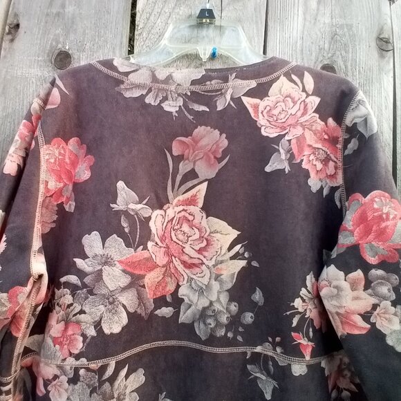 Anthropologie Solitaire Cardigan Womens Sz XL Floral Open Faux Suede pockets - Picture 4 of 12